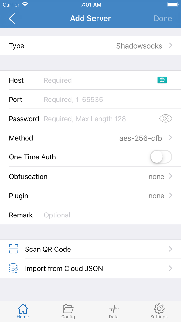 Shadowrocket 官方 Add Server 页面，显示 Type、Host、Port、Password、Method 与扫码导入入口