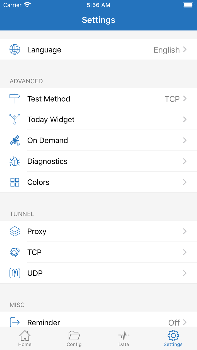 Shadowrocket 官方 Settings 页面，显示 Language、Test Method、Today Widget、On Demand、Diagnostics、Proxy、TCP 和 UDP