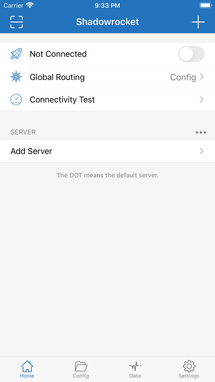 Shadowrocket 官方 Home 页面，顶部为 Not Connected 开关、Global Routing 和 Connectivity Test，下方为 SERVER 与 Add Server