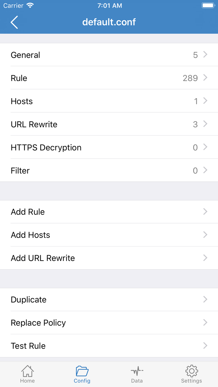 Shadowrocket 官方 Config 配置编辑页面，包含 General、Rule、Hosts、URL Rewrite、HTTPS Decryption 与 Add Rule
